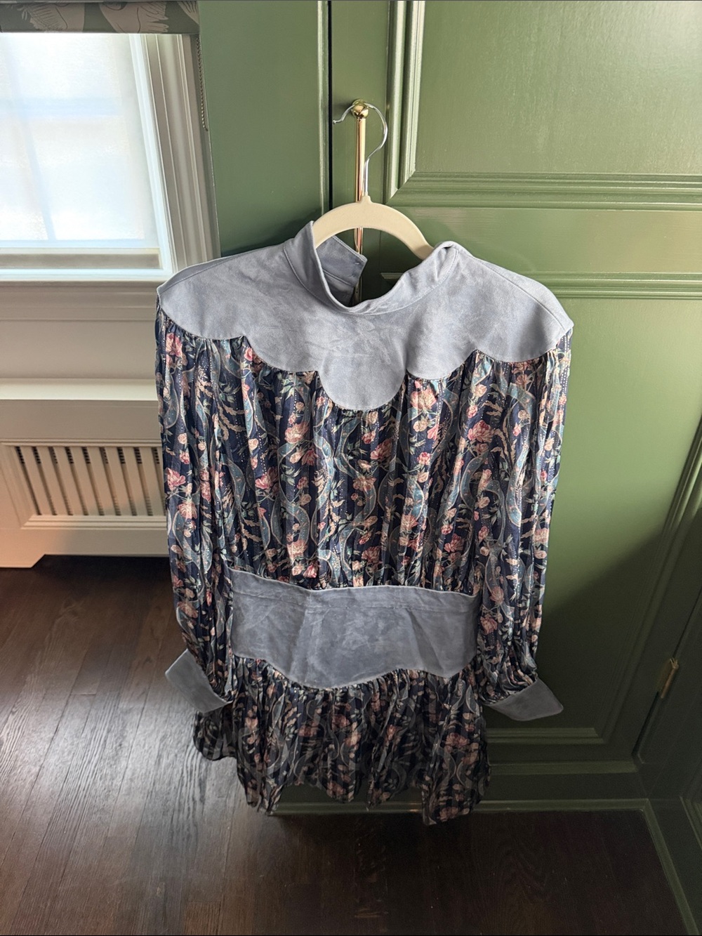 Alemais Navy Floral Mini Dress with Light Gray Suede Accents
